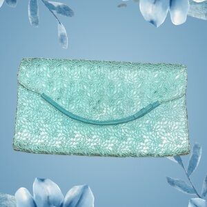 Banana Republic Light Blue Leather Envelope Trim Lace Clutch